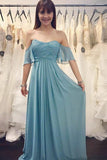 Long Off-the-Should Ruched Blue Chiffon Bridesmaid Dress BD118