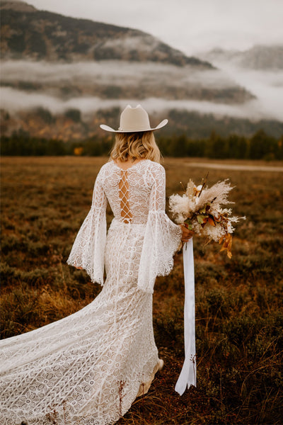 Long Sleeve Lace Wedding Dresses Lace Up Back Beach Wedding Dress US18 / As Picture Long Sleeve Lace Wedding Dresses Lace Up Back Beach Wedding Dress US18 / As Picture