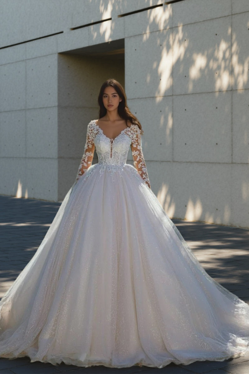 Luxury Wedding Dress V Neck Long Sleeve Applique With Court Train-Pgmdress