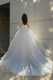 Luxury Wedding Dress V Neck Long Sleeve Applique With Court Train-Pgmdress