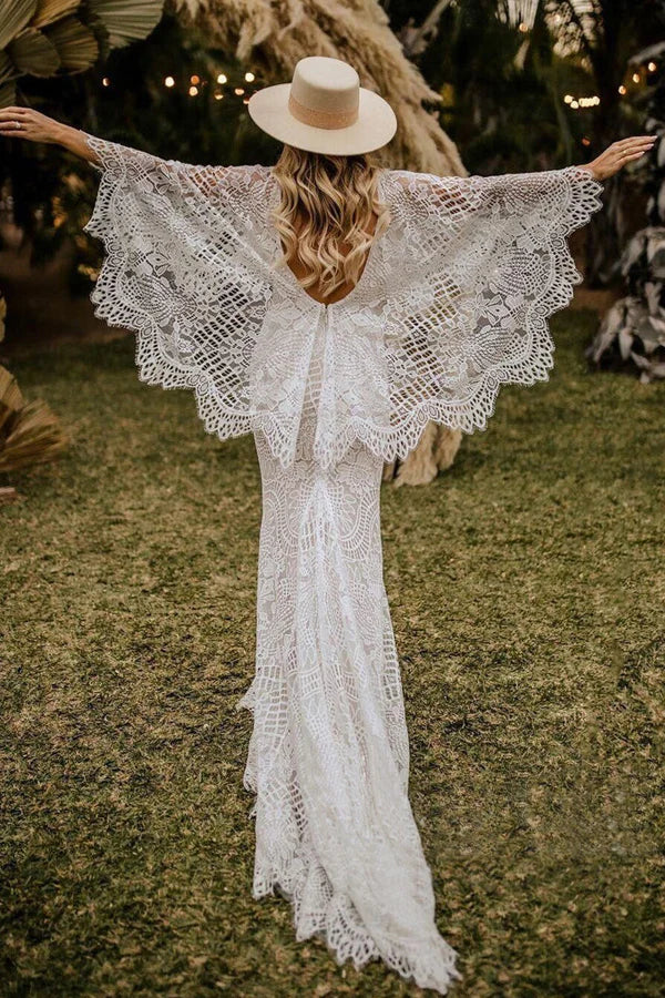 Mermaid Batwing Sleeves Boho Wedding Dress Elegant Wedding Dress-Pgmdress