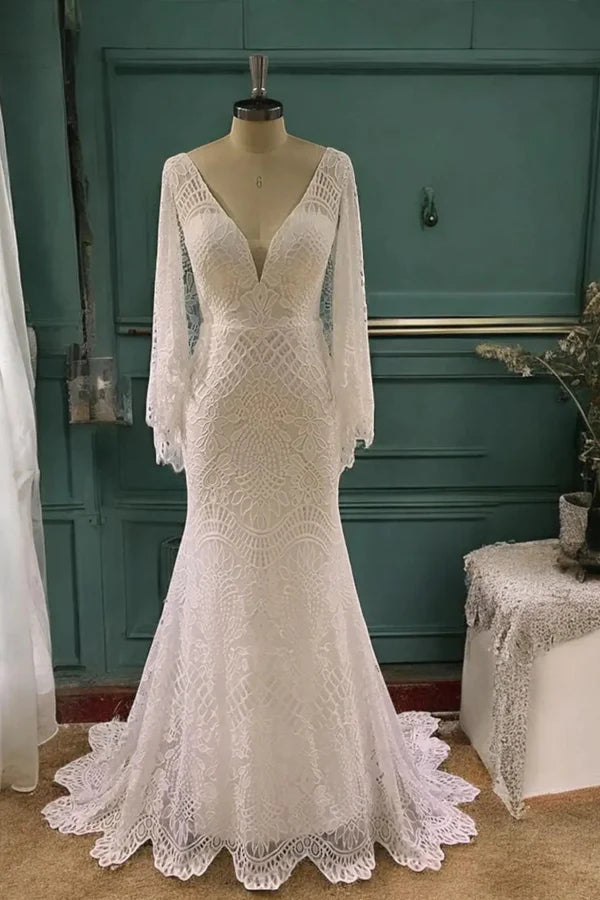 Mermaid Batwing Sleeves Boho Wedding Dress Elegant Wedding Dress-Pgmdress