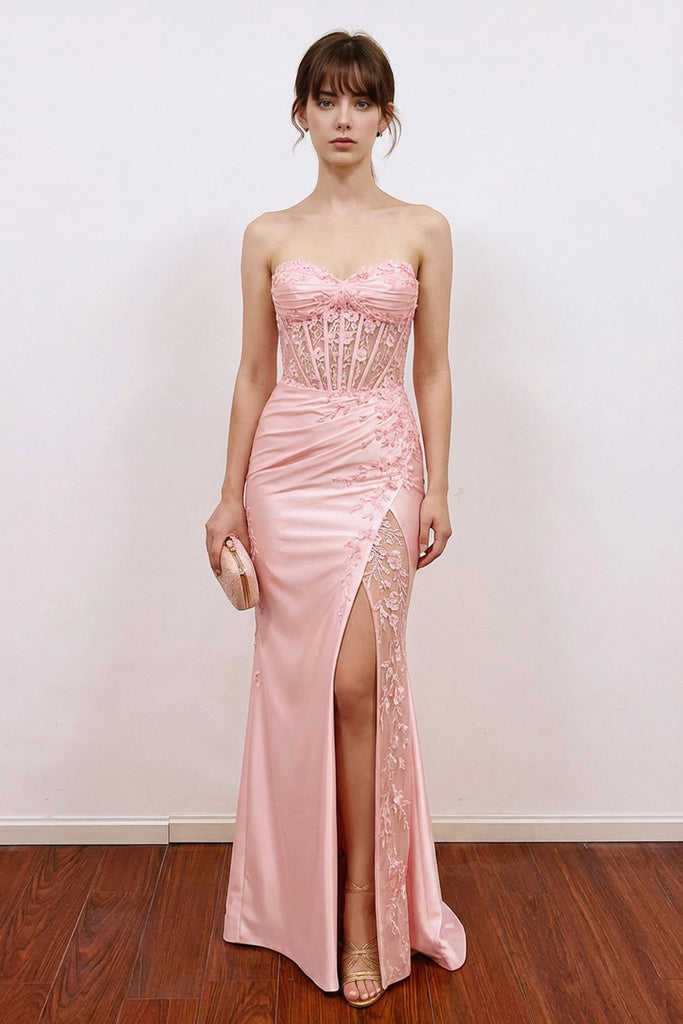 Mermaid Corset Bodice Split Pink Prom Dress Formal Gown with Appliques Pgmdress Mermaid Corset Bodice Split Pink Prom Dress Formal Gown with Appliques Pgmdress