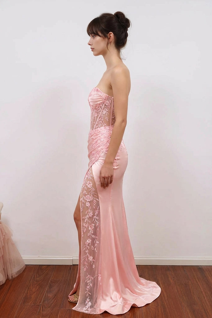 corset pink prom dress Strapless Corset Beaded Light Pink Long Prom Dress Rose Pink / 2