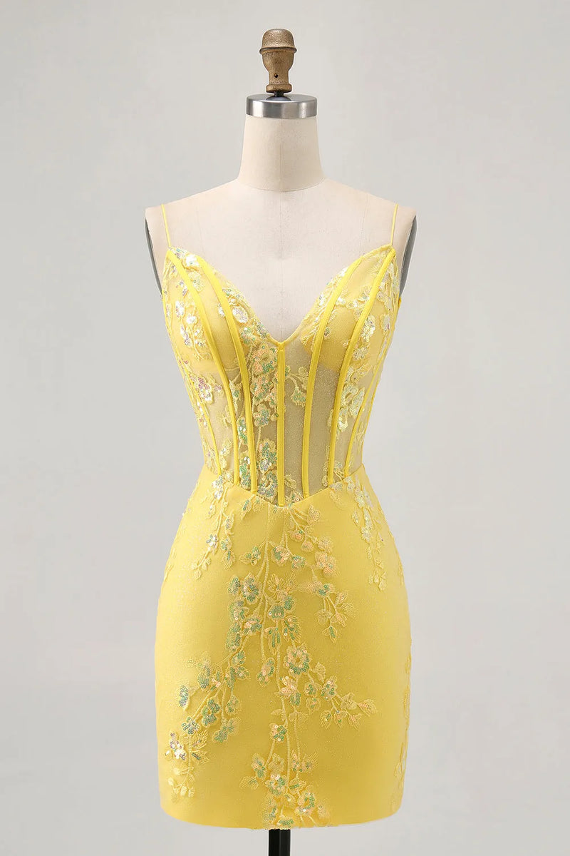 Mermaid Corset Tight Short Floral Yellow Homecoming Dress Party Dress-Pgmdress