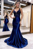 Mermaid Deep V Neck Satin Navy Blue Prom Dress with Appliques PSK557