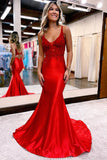 Mermaid Deep V Neck Satin Navy Blue Prom Dress with Appliques PSK556-Pgmdress