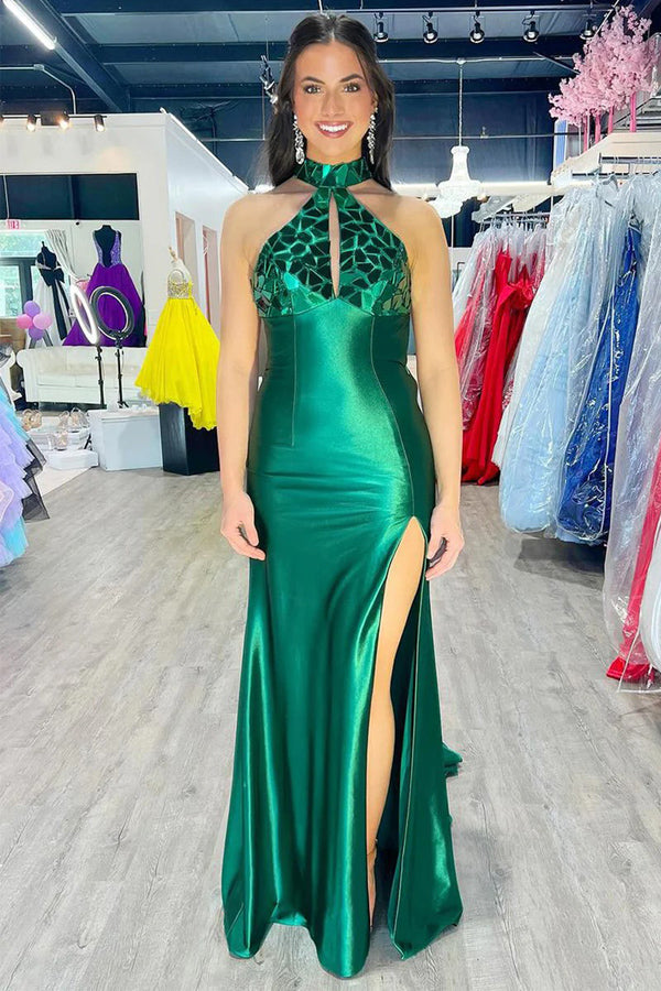 Mermaid Halter Dark Green Satin Long Prom Dress with Beads PSK601-Pgmdress