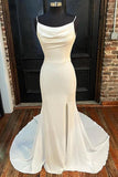 Rückenfreies langes Brautkleid im Meerjungfrau-Stil in Elfenbein mit Wasserfallausschnitt und Schlitz WD627