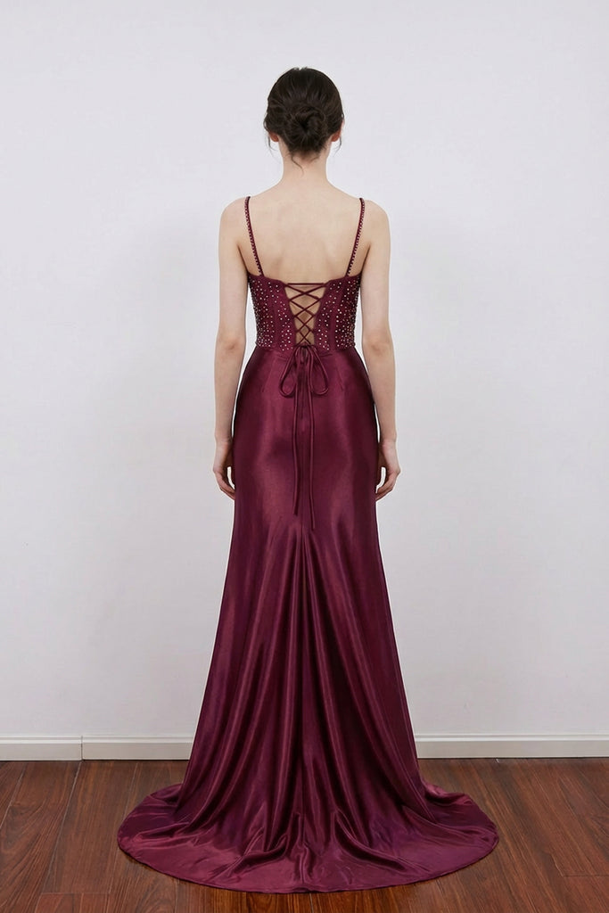 Mermaid Navy Blue Satin Beaded Corset Floral Prom Dress with Slit Pgmdress Mermaid Navy Blue Satin Beaded Corset Floral Prom Dress with Slit Pgmdress