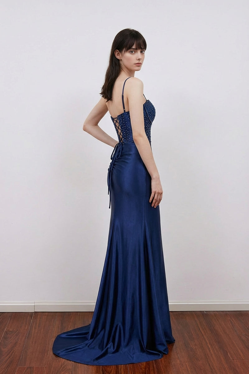 Mermaid Navy Blue Satin Beaded Corset Floral Prom Dress with Slit-Pgmdress