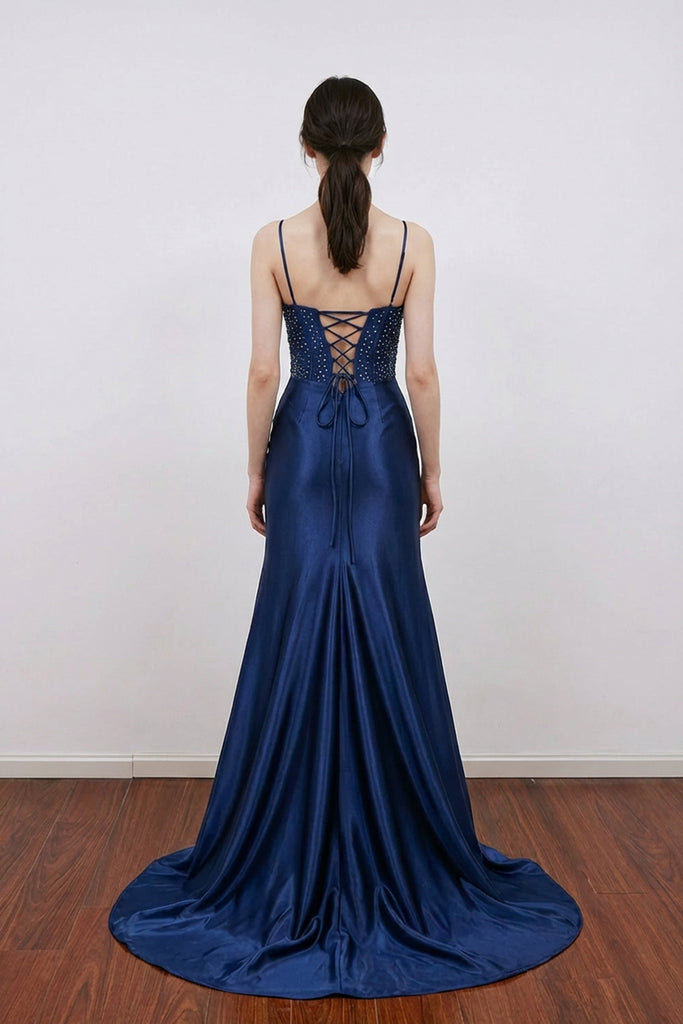 Mermaid Navy Blue Satin Beaded Corset Floral Prom Dress with Slit Pgmdress Mermaid Navy Blue Satin Beaded Corset Floral Prom Dress with Slit Pgmdress