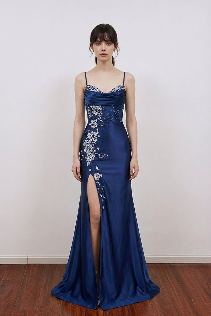 Mermaid Navy Blue Satin Beaded Corset Floral Prom Dress with Slit - US0 / Navy Blue Mermaid Navy Blue Satin Beaded Corset Floral Prom Dress with Slit - US0 / Navy Blue