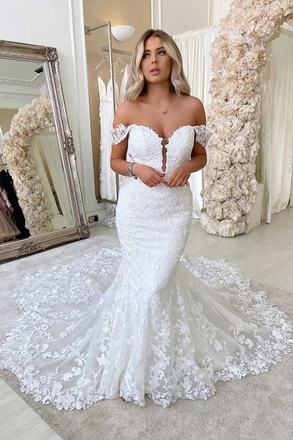 Mermaid Off The Shoulder Bohemian Wedding Dress With Court Train-Pgmdress