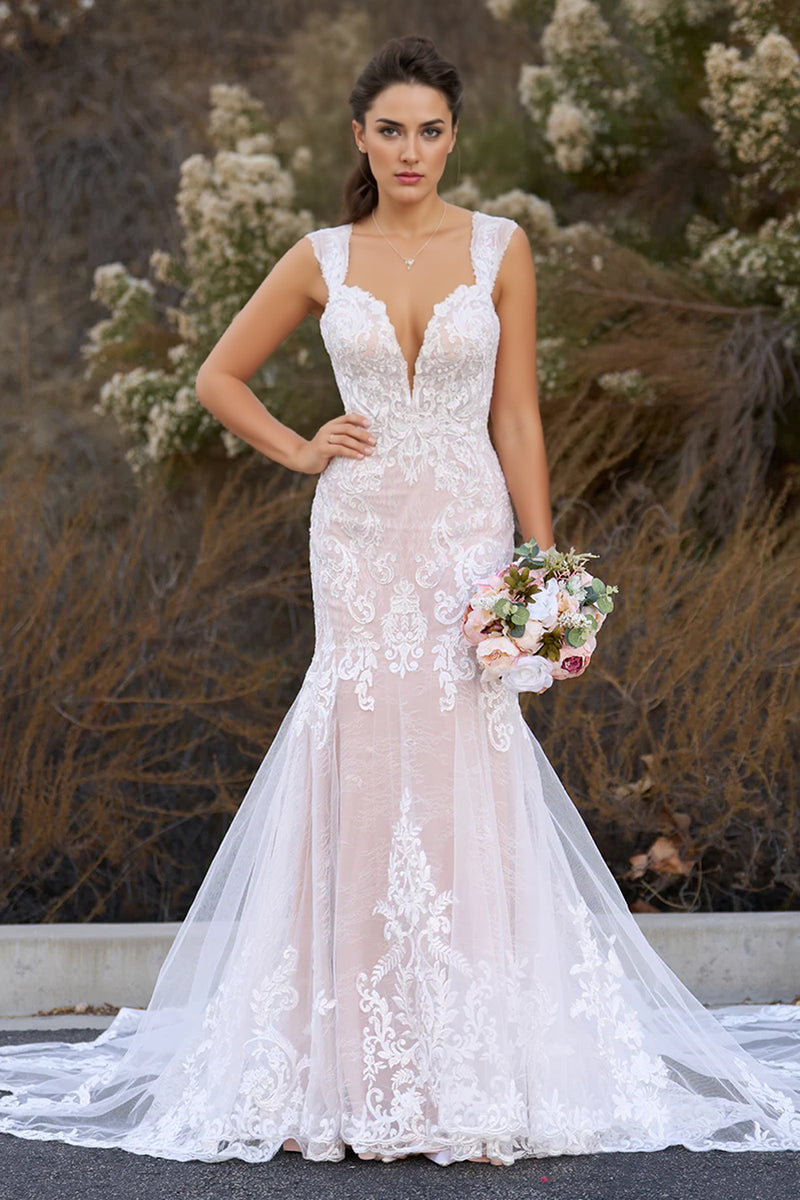 Mermaid Off the Shoulder Appliques Lace Tulle Vintage Wedding Dress-Pgmdress