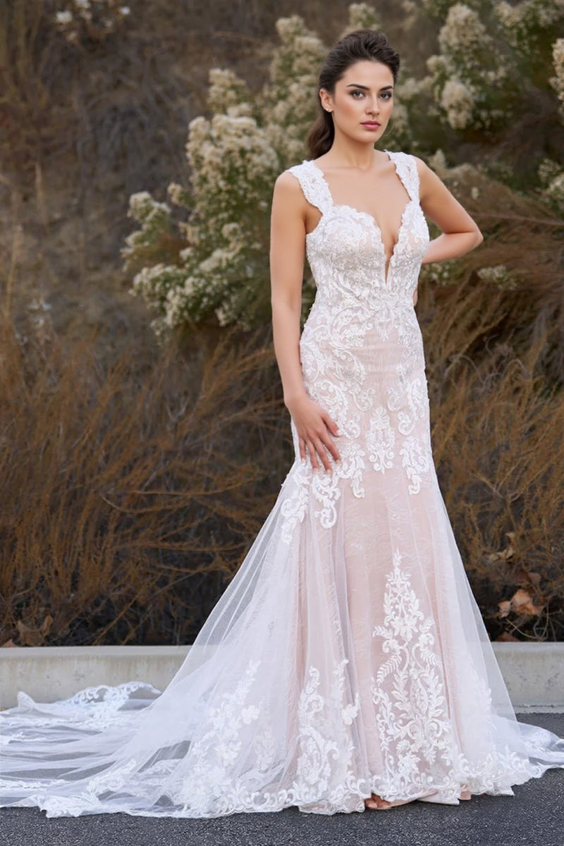 Mermaid Off the Shoulder Appliques Lace Tulle Vintage Wedding Dress-Pgmdress