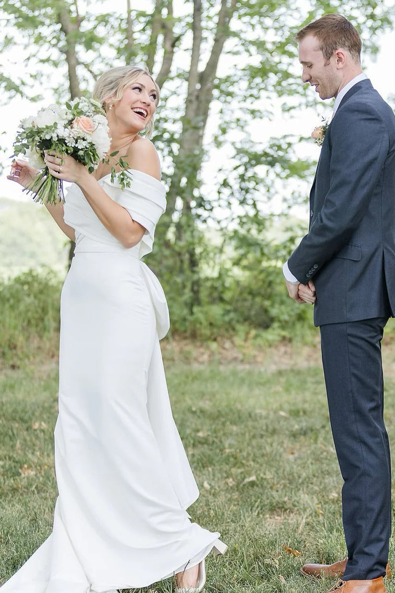 Mermaid Off the Shoulder Forest Wedding Dress with Big Bowknot WD776-Pgmdress