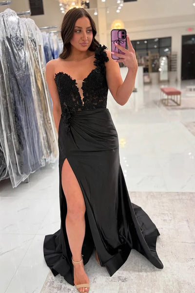 MermaidOneShoulderBlackLongSat