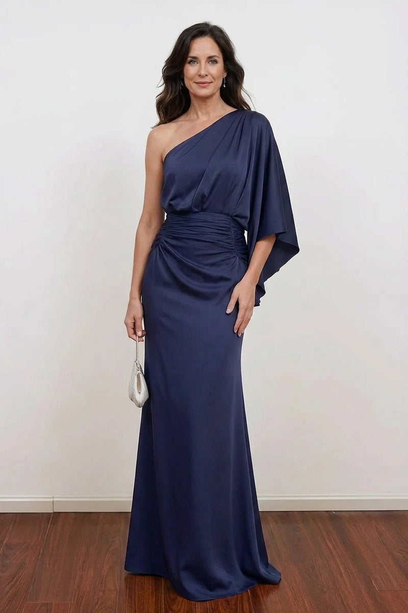Mermaid One Shoulder Navy Blue Long Mother of the Bride Dress-Pgmdress