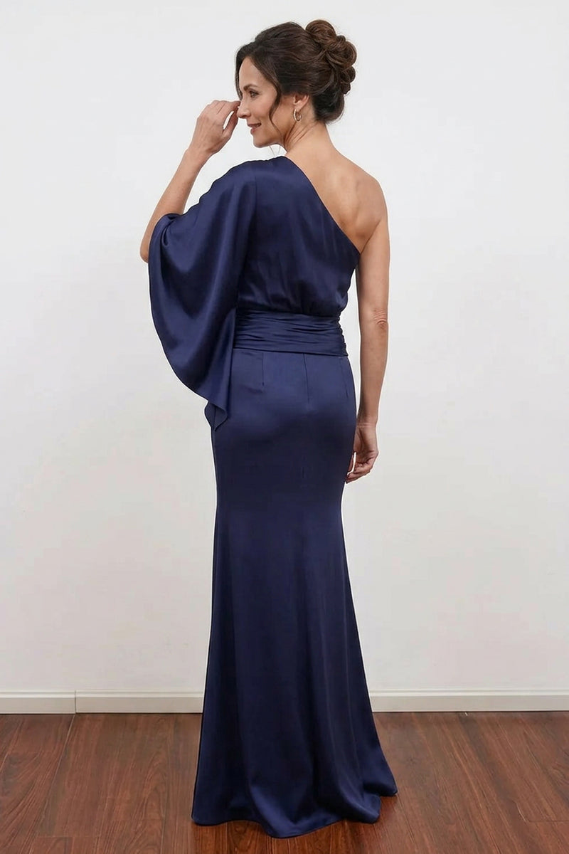 Mermaid One Shoulder Navy Blue Long Mother of the Bride Dress-Pgmdress
