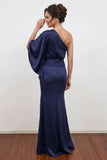 Mermaid One Shoulder Navy Blue Long Mother of the Bride Dress-Pgmdress