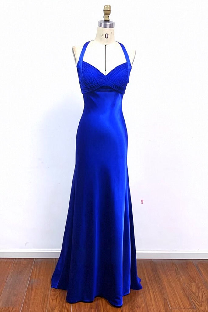 Mermaid Pleated Bodice Satin Royal Blue Prom Dress Formal Dress  Pgmdress