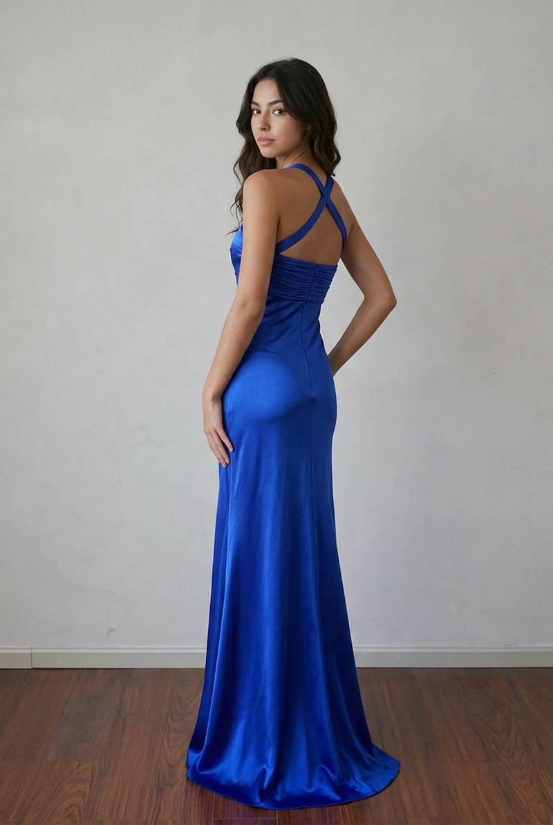 Mermaid Pleated Bodice Satin Royal Blue Prom Dress Formal Dress-Pgmdress