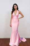 Mermaid Plunge Neck Pink Open Back Long Prom Dress Party Dress-Pgmdress