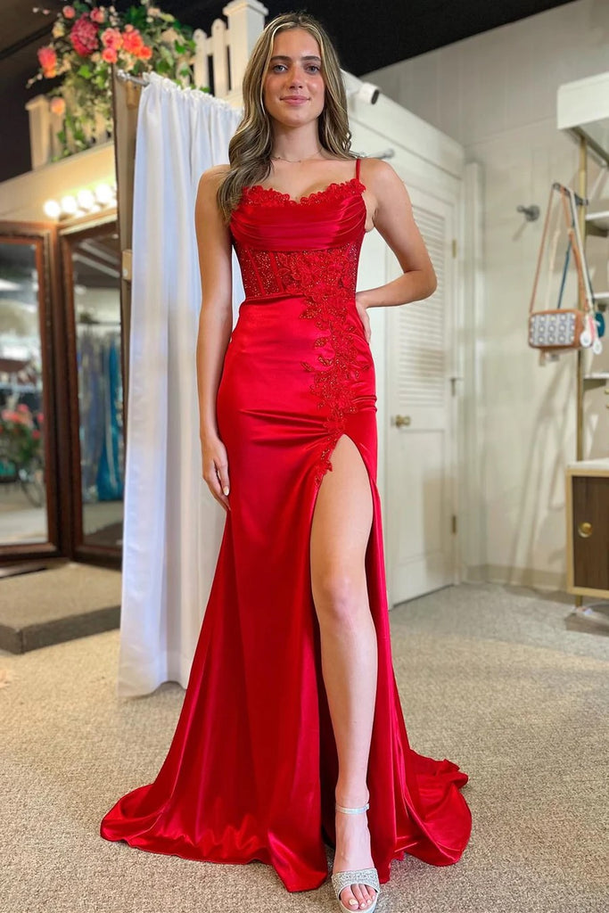 Mermaid Red Spaghetti Strap Appliques Long Prom Dress with Slit  PSK447-Pgmdress