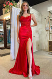 Mermaid Red Spaghetti Strap Appliques Long Prom Dress with Slit  PSK447