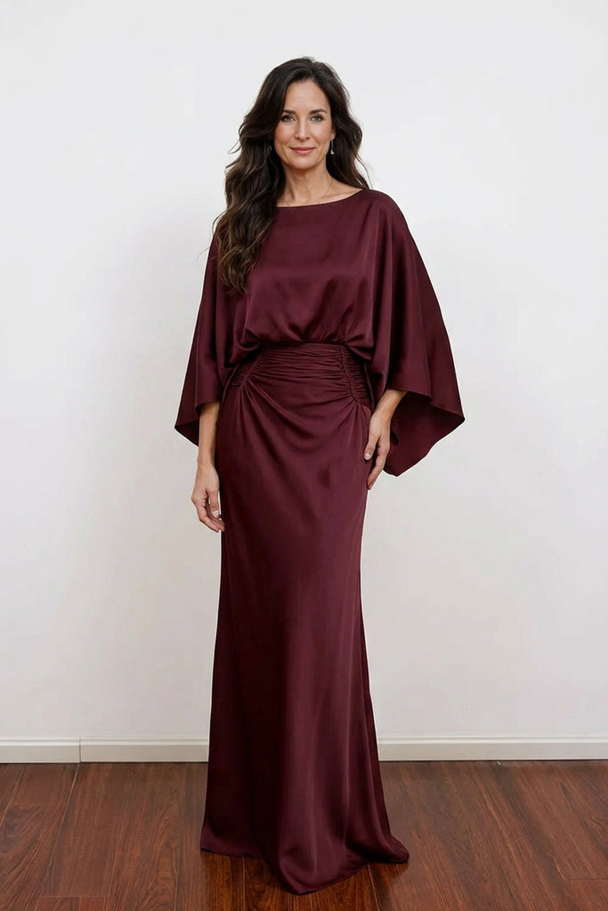 Mermaid Ruched Burgundy Mother of the Bride Dress with Sleeves US12 / Custom Color