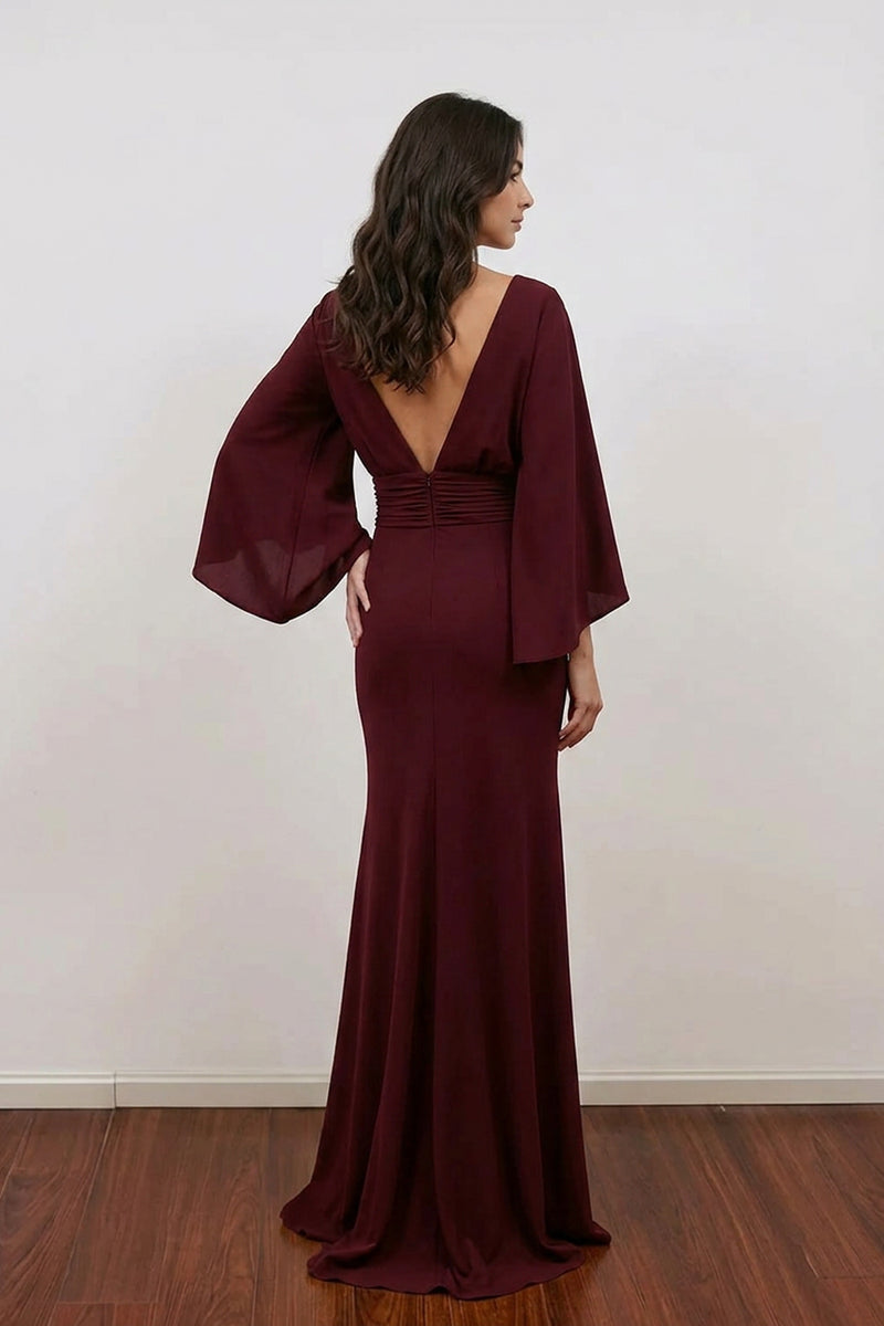 Mermaid Ruched Burgundy Mother of the Bride Dress with Sleeves-Pgmdress
