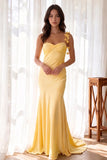Mermaid Ruched Yellow Long Prom Dress Party Dress with 3D Flower