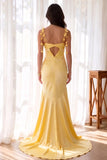 Mermaid Ruched Yellow Long Prom Dress Party Dress with 3D Flower