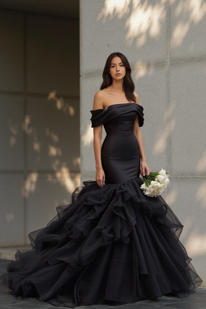 Mermaid Ruffled Off The Shoulder Black Wedding Dress Bridal Gown US12 / Black Mermaid Ruffled Off The Shoulder Black Wedding Dress Bridal Gown US12 / Black