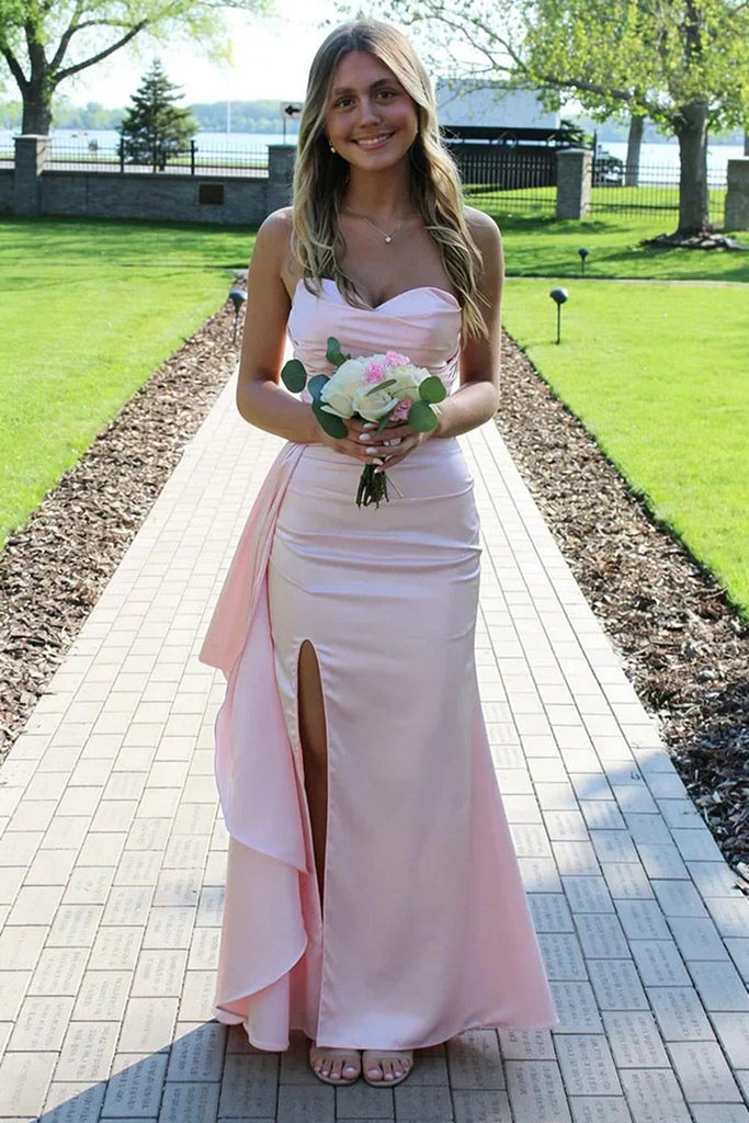 satin ruffle prom dress Stacees 2026 Fitted Ruffled Champagne Prom Dress with V-Neckline Slit