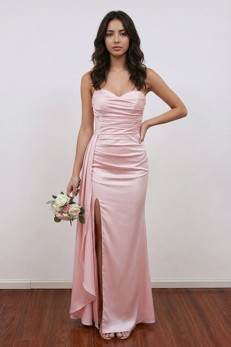 Mermaid Satin Ruffle Split Pretty Party Dress Pink Prom Dress-Pgmdress
