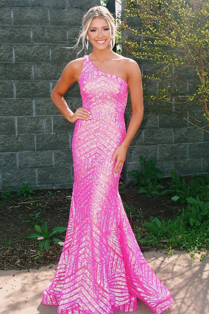 Mermaid Sequin Hot Pink One Shoulder Prom Dress Evening Dress US2 / Burgundy Mermaid Sequin Hot Pink One Shoulder Prom Dress Evening Dress US2 / Burgundy