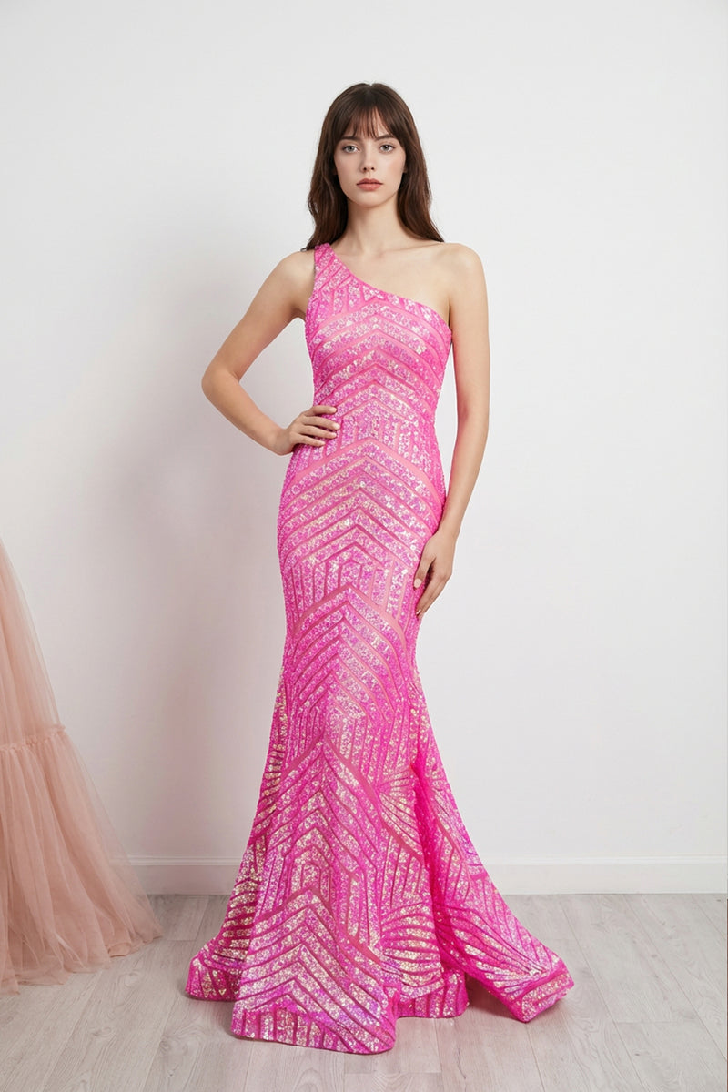 Mermaid Sequin Hot Pink One Shoulder Prom Dress Evening Dress-Pgmdress