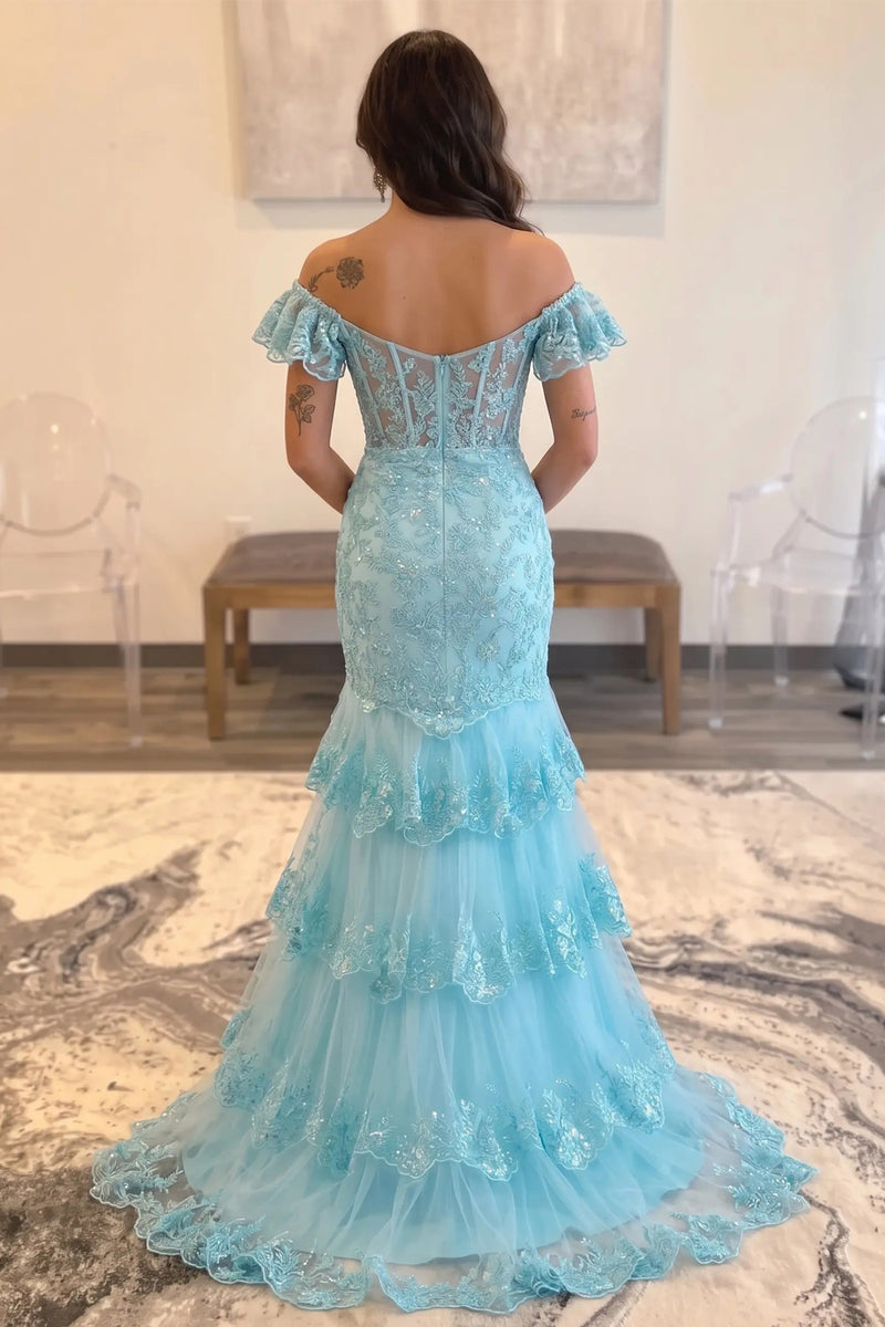 Mermaid Sky Blue Off the Shoulder Lace Sequin Prom Dress With Slit-Pgmdress