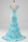 Mermaid Sky Blue Off the Shoulder Lace Sequin Prom Dress With Slit-Pgmdress