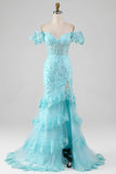 Mermaid Sky Blue Off the Shoulder Lace Sequin Prom Dress With Slit-Pgmdress