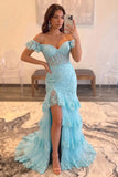 Mermaid Sky Blue Off the Shoulder Lace Sequin Prom Dress With Slit-Pgmdress