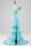 Mermaid Sky Blue Off the Shoulder Lace Sequin Prom Dress With Slit-Pgmdress