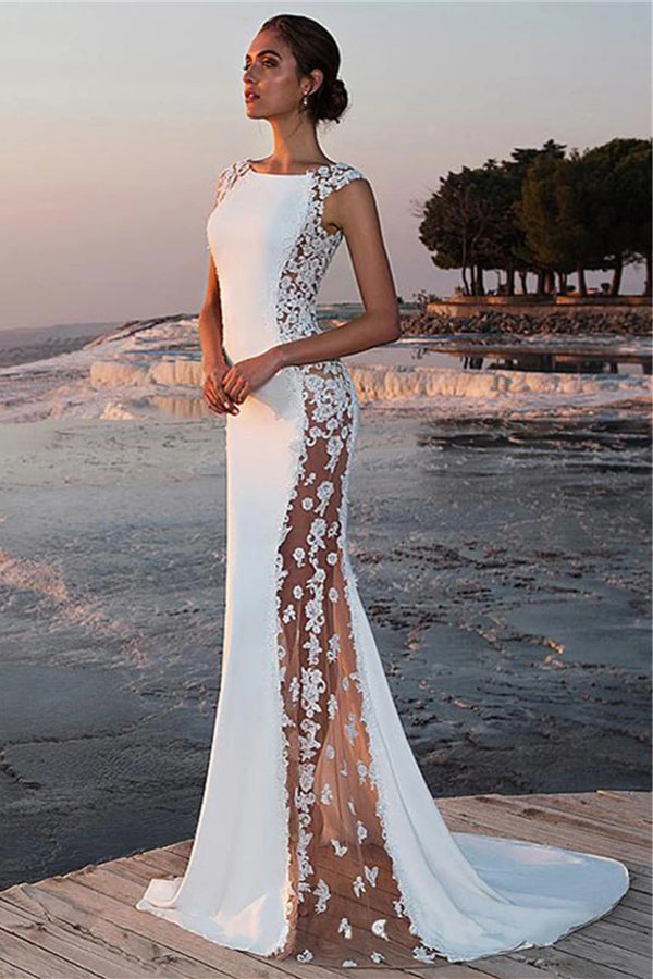 Mermaid Sleeveless Lace Applique Long Beach Wedding Dress-Pgmdress
