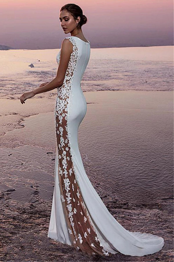Mermaid Sleeveless Lace Applique Long Beach Wedding Dress-Pgmdress