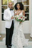 Mermaid Spaghetti Backless Boho Wedding Dress With Lace Appliques-Pgmdress