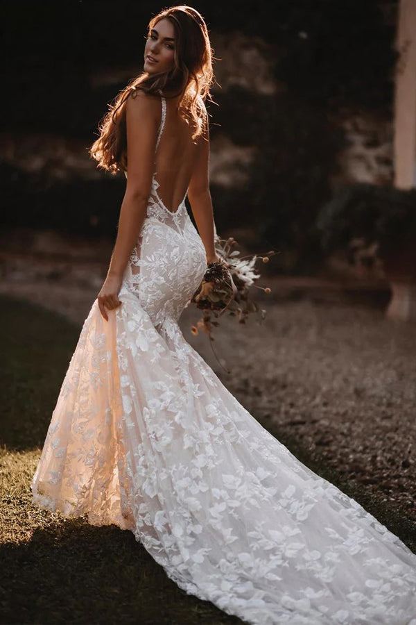 Mermaid Spaghetti Backless Boho Wedding Dress With Lace Appliques-Pgmdress