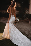 Mermaid Spaghetti Backless Boho Wedding Dress With Lace Appliques-Pgmdress
