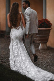 Mermaid Spaghetti Backless Boho Wedding Dress With Lace Appliques-Pgmdress